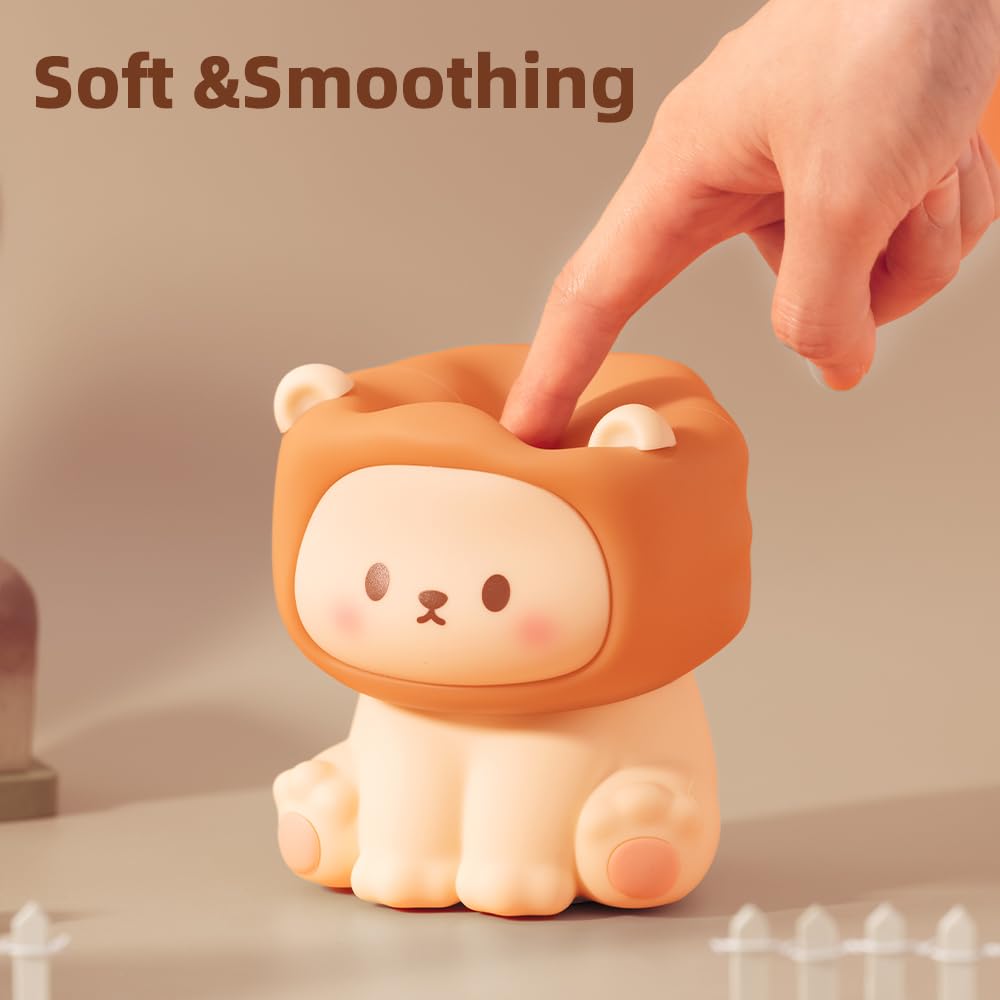 KinYiLO Cute Lion Night Light - Rechargeable Silicone Lamp, Small, 3 Brightness Levels, Warm Light, Tap Control, Model LLD-D18