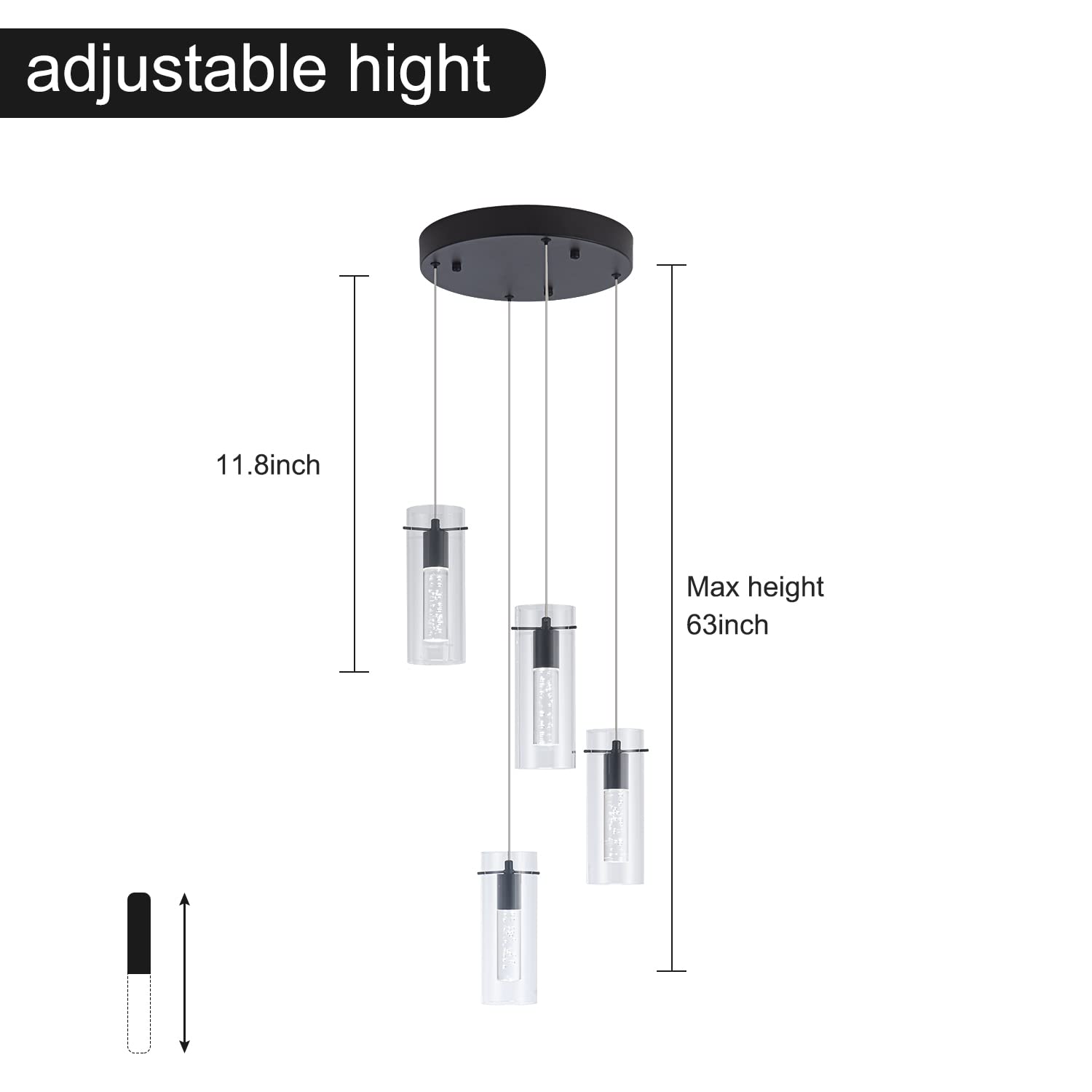 BESTWEST Black Pendant Light Fixture, Modern 4-Light Dimmable Chandelier, Glass, Sand Black, Model BW-03