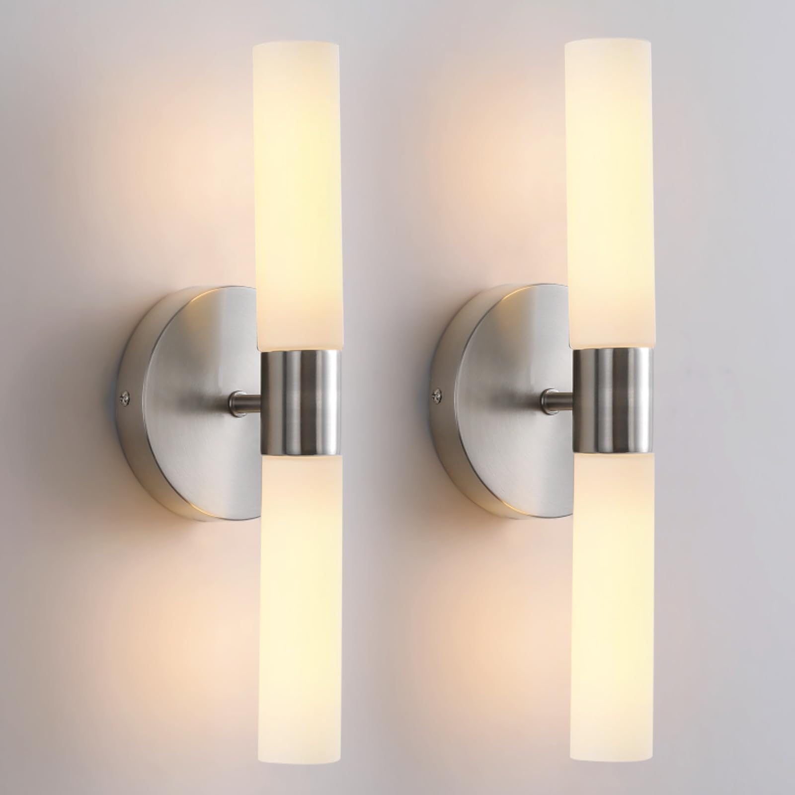 KUZZULL Wall Sconces Set of Two Brushed Nickel Lamp Sconces Wall Lighting with White Glass Shade Lights Wall Light Sconces Wall 