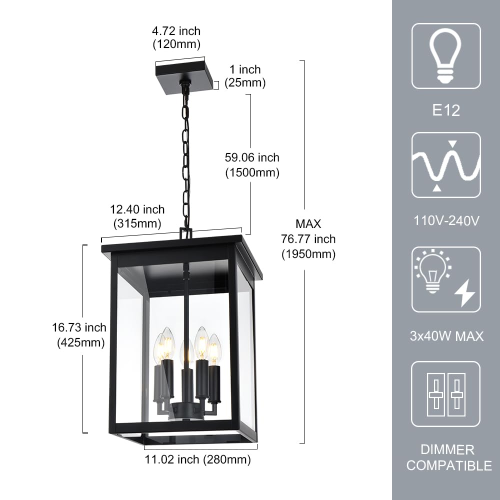 Winshen 5-Lights Large Outdoor Pendant Light Fixtures, Black Exterior Hanging Porch Light With Adjustable Chain & Clear Glass, W