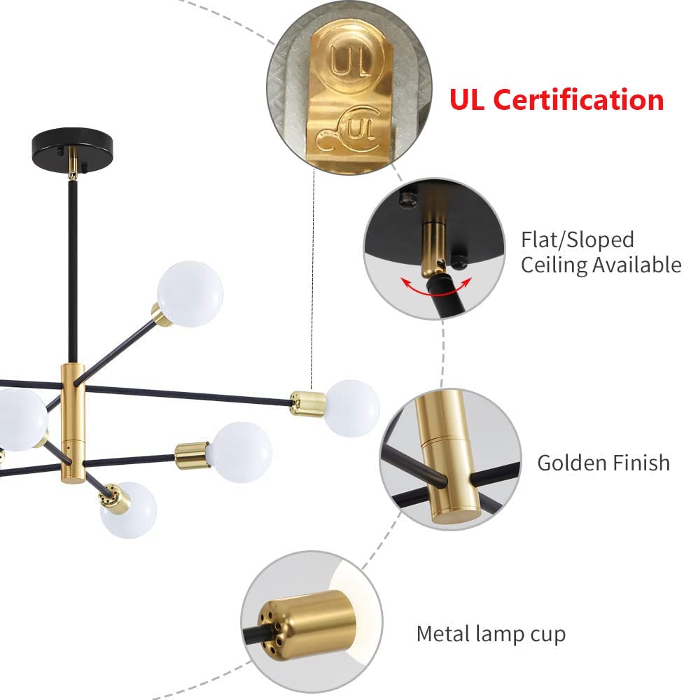 Deyidn 8-Light Sputnik Chandelier, Black Gold Metal Pendant Lighting For Modern Living Spaces