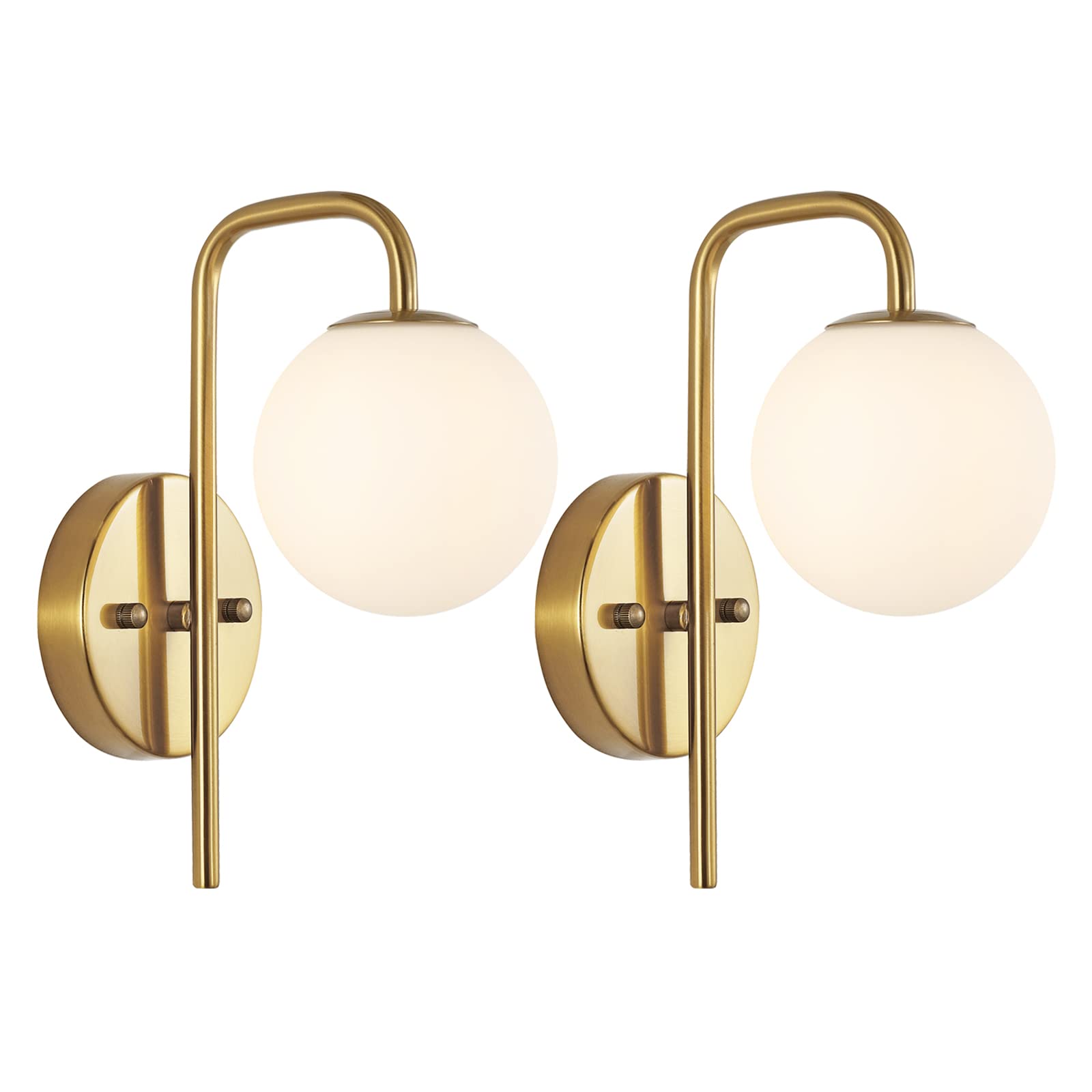 BYOLIIMA Modern Gold Globe Wall Sconce Set of 2 Industrial Mid Century Bathroom Vanity Wall Light with White Globe Glass Shade B