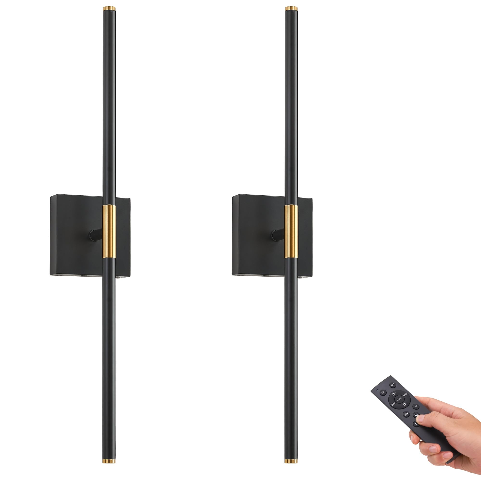 Gwoner Battery Operated Led Wall Sconces Set Of 2, 25'' Wireless Rechargeable Wall Lights With Remote Control, 3000K-6000K Stepl