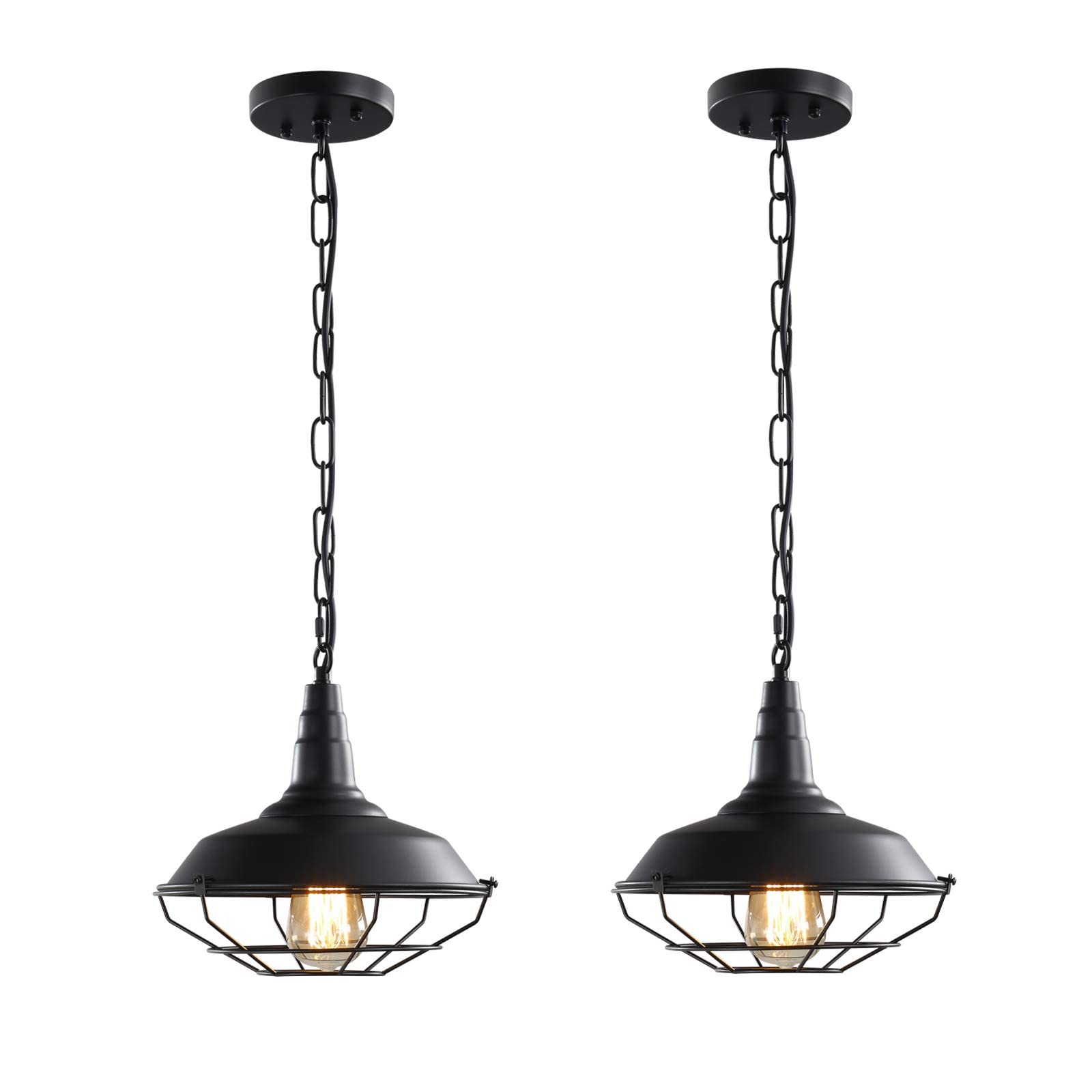 Karjearl Black Farmhouse Pendant Light - 2 Pack Vintage Metal Cage Fixtures For Kitchen & Hallway