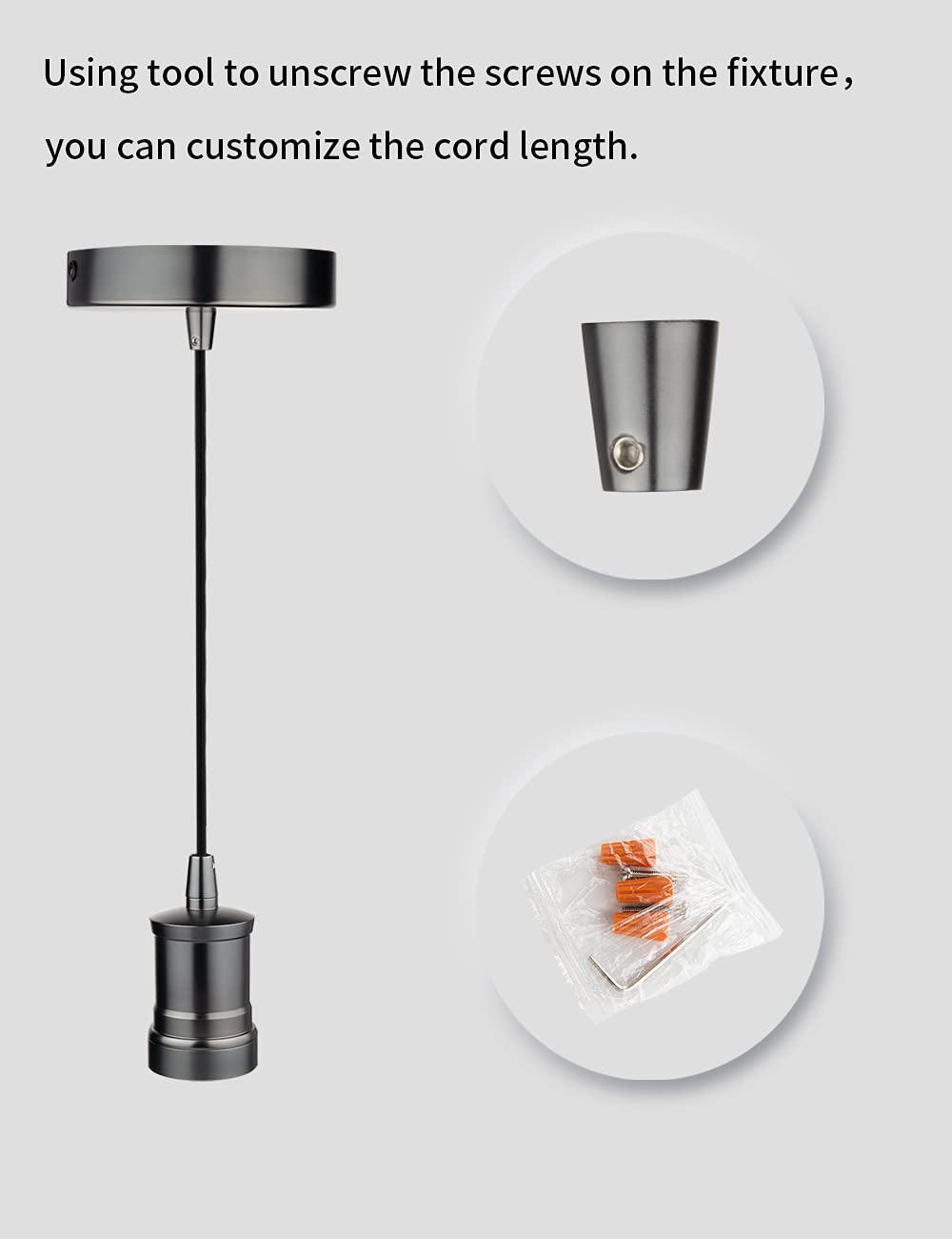 Harwez Silvery Black Pendant Light Fitting Industrial Style, Smoked Pearl Ceiling Lighting Fixture, Single Light Socket, 4.75'' Canopy, Adjustable 10Ft Black Fabric Cord, E26 Lampholder, Lp-116-1