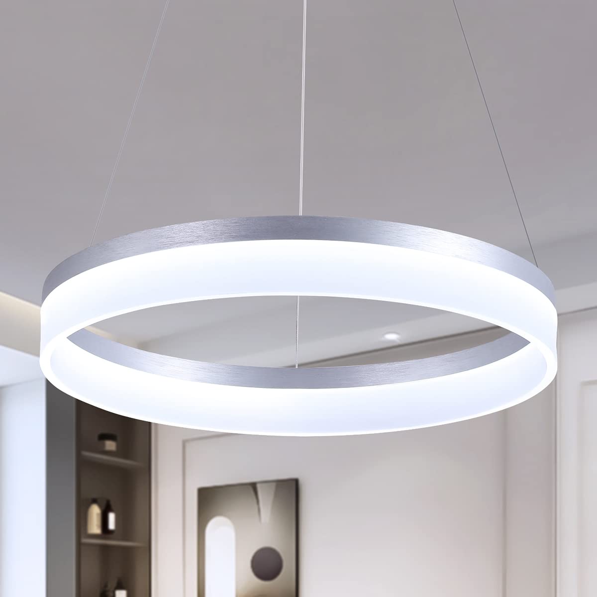 Buccleuch Modern LED Pendant Light, Dimmable LED Chandelier for Dining Room Light Fixture, 19.7 inch Silver Round Pendant Light 