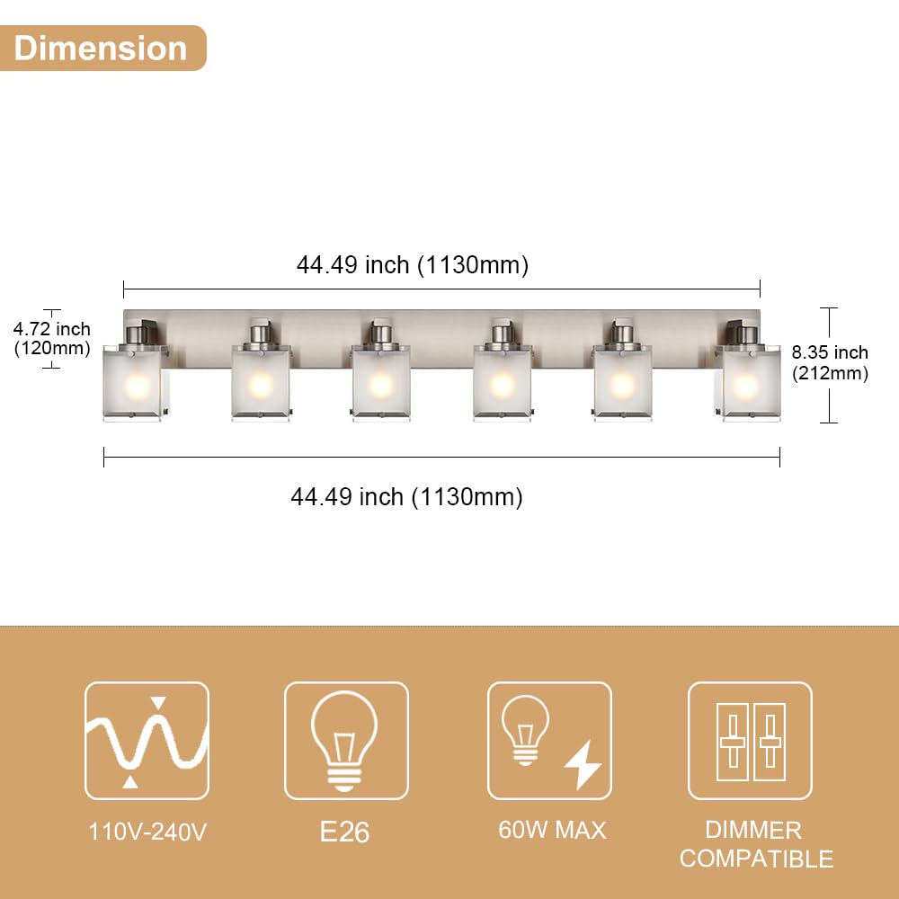 WINSHEN 6-Lights Bathroom Vanity Light, Modern Black Fixtures with Frosted Glass Shades, Wall Mounted, E26 Bulb Base