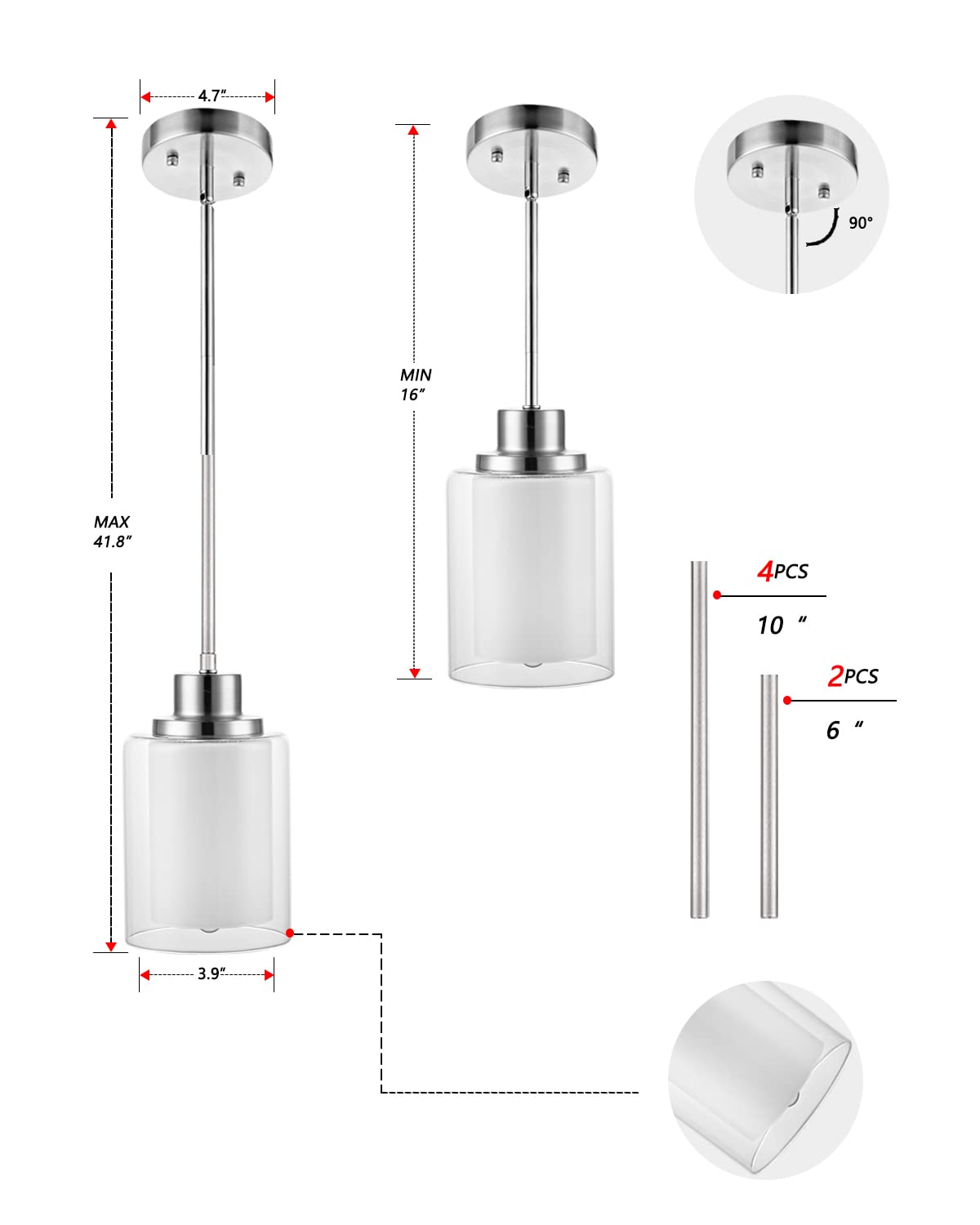 Eidonta 1-Light Mini Pendant Light Fixtures, 2-Pack Modern Hanging Ceiling Light, Adjustable Height, Brushed Nickel Pendant Ligh