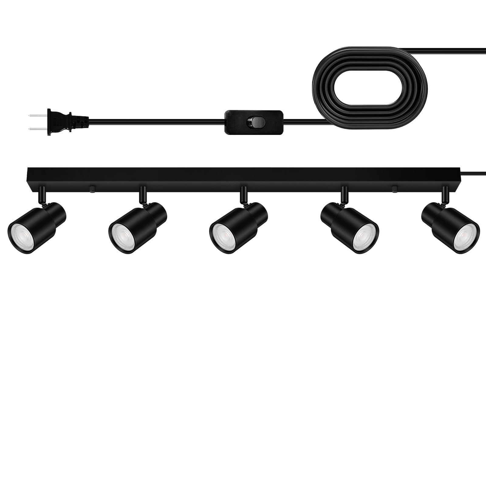 Plug in Track Lighting, 30'' LED Track Light Fixtures Ceiling, Black 5 Way Ceiling Lights for Kitchen, 15FT Cord, Rotatable Trac