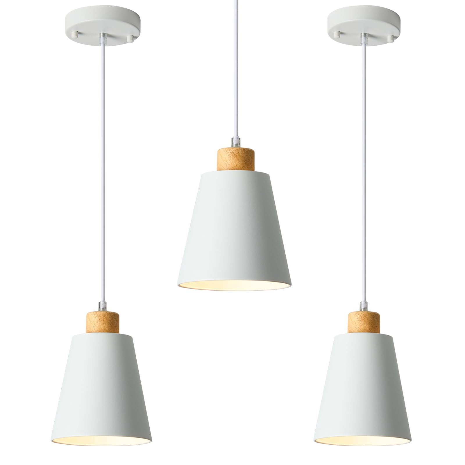 3 Pack Mini White Pendant Light Kitchen Island Modern Wood Pendant Lighting Cone Hanging Lights Hollow Top Nordic Island Light For Counter  Bar  Hallway