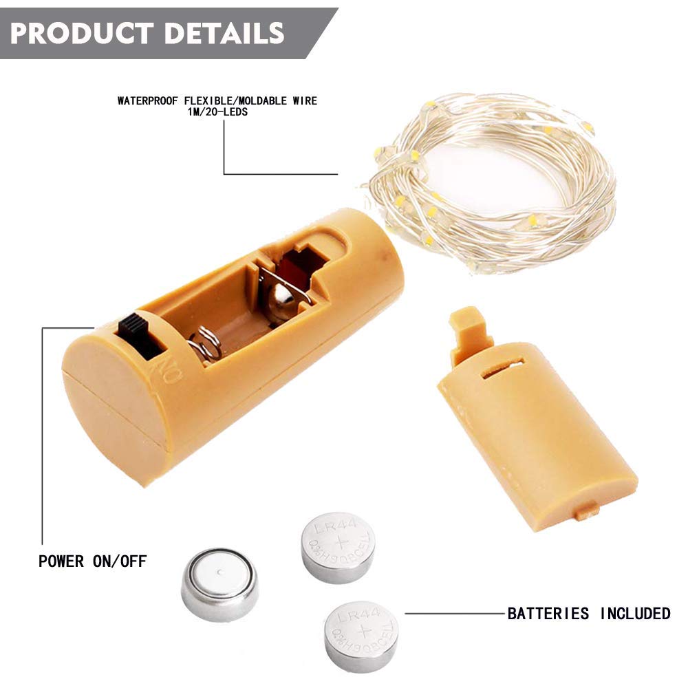 StarryMine Bottle Lights 12 Pack, 20 LEDs, Battery Powered Cork Fairy String Lights for DIY Decor, Cool White