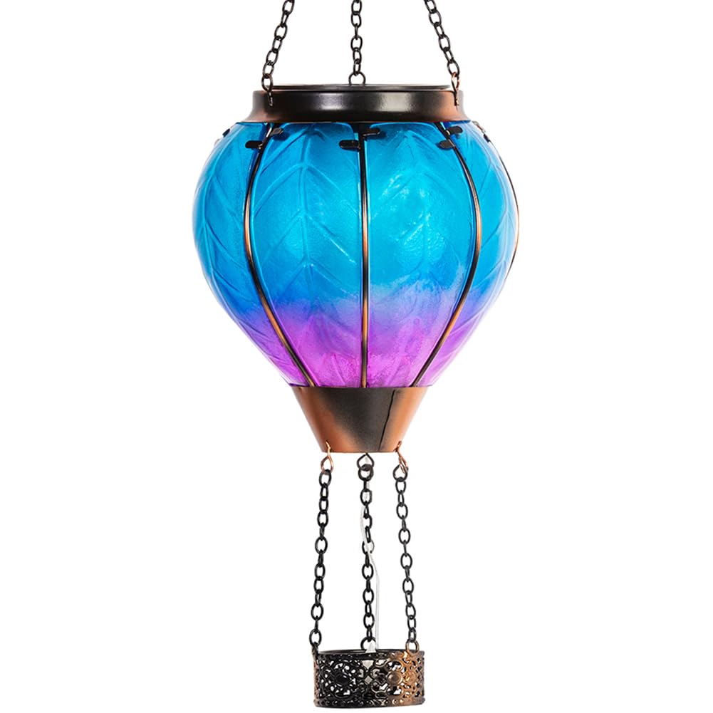 Starsoul Solar Hot Air Balloon Lantern with Candle Holder, Blue, Decorative Hanging Light for Lawn, Porch, Tree, Yard