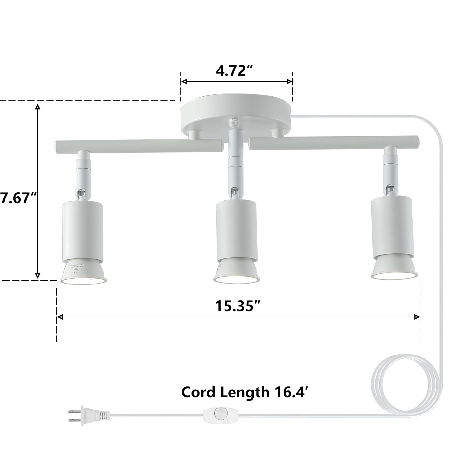 Vivihobb Dimmable Plug In Track Light White 3 Light Plug In Ceiling Lighting Fixture With 16.4 Long Cord 4 Way Ceiling Spotlight Rotatable Wall Mount Light Head Led Dimmable Spot Bulbs Included