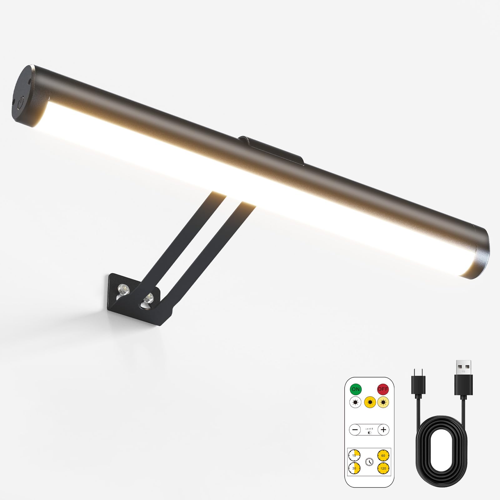 Olafus Rechargeable Picture Light, Wireless Wall Art Light, 3 Color Brightness, Remote Control, Black, Model LHA03B