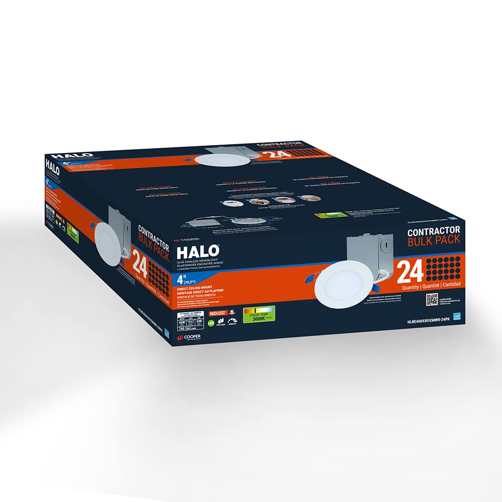 HALO 4 Inch Canless Ultra-Thin LED Wafer Light, 3000K Bright White, Wet Rated, 740 Lumens, Energy Star, 24 Pack, Model HLBE406