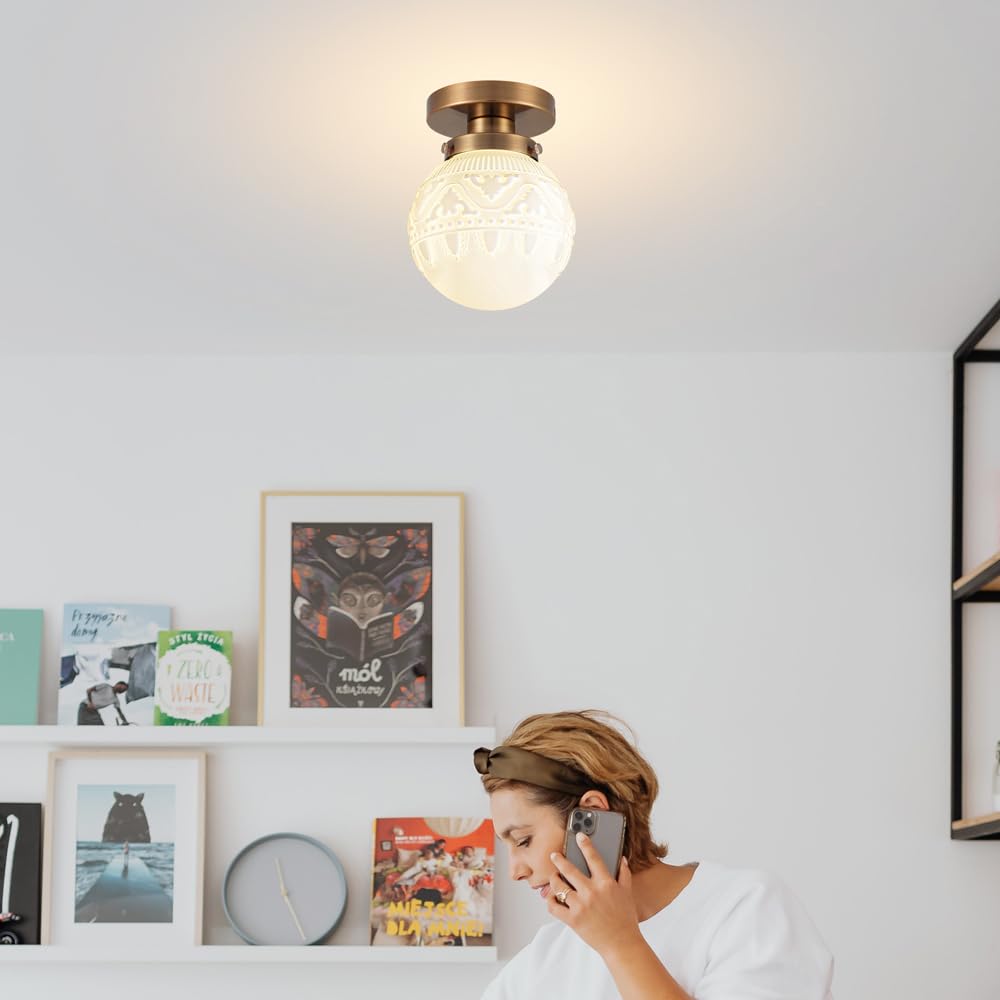 Daunton Semi Flush Mount Ceiling Light, Modern Globe Milk Glass Ceiling Light Fixture, Vintage Small Brass Gold Hallway Light Fi