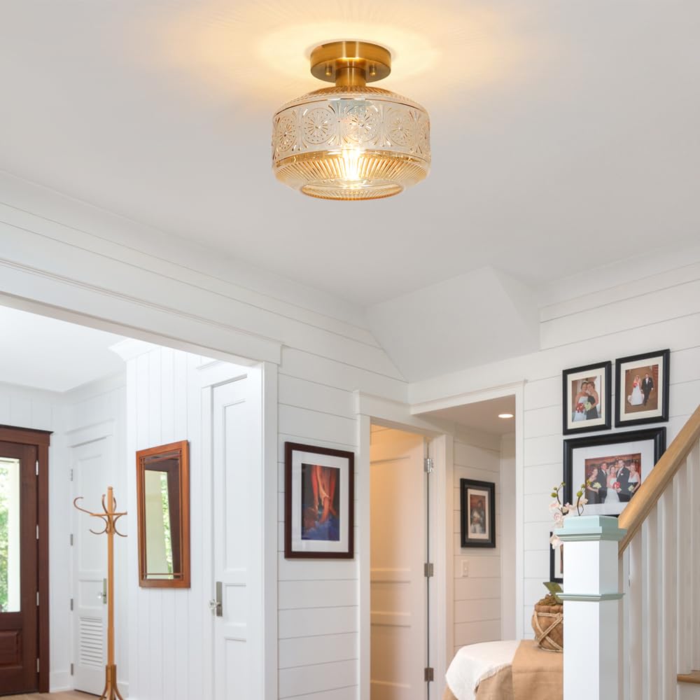 Semi Flush Mount Ceiling Light, Vintage Small Ceiling Light Fixture, Thickened Glass Hallway Lighting Fixture, Brass Kitchen Cei