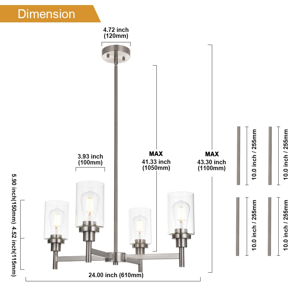 VINLUZ 4 Light Modern Chandelier Brushed Nickel Pendant Lighting for Dining Room, Kitchen, Living Room - Model 210-4SN, Clear Glass Shades