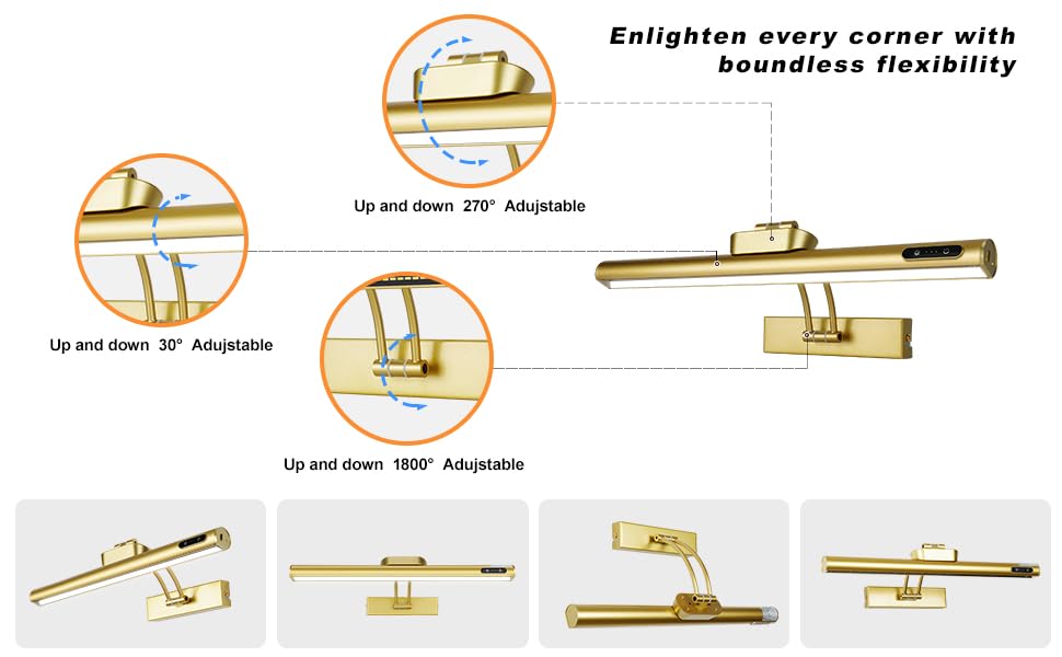 VARICART Magnetic Wireless Picture Light, 16in Metal, Rechargeable, Dimmable, Remote/Touch/Timer, Gold 2Pack, Model 26c0db37-f444