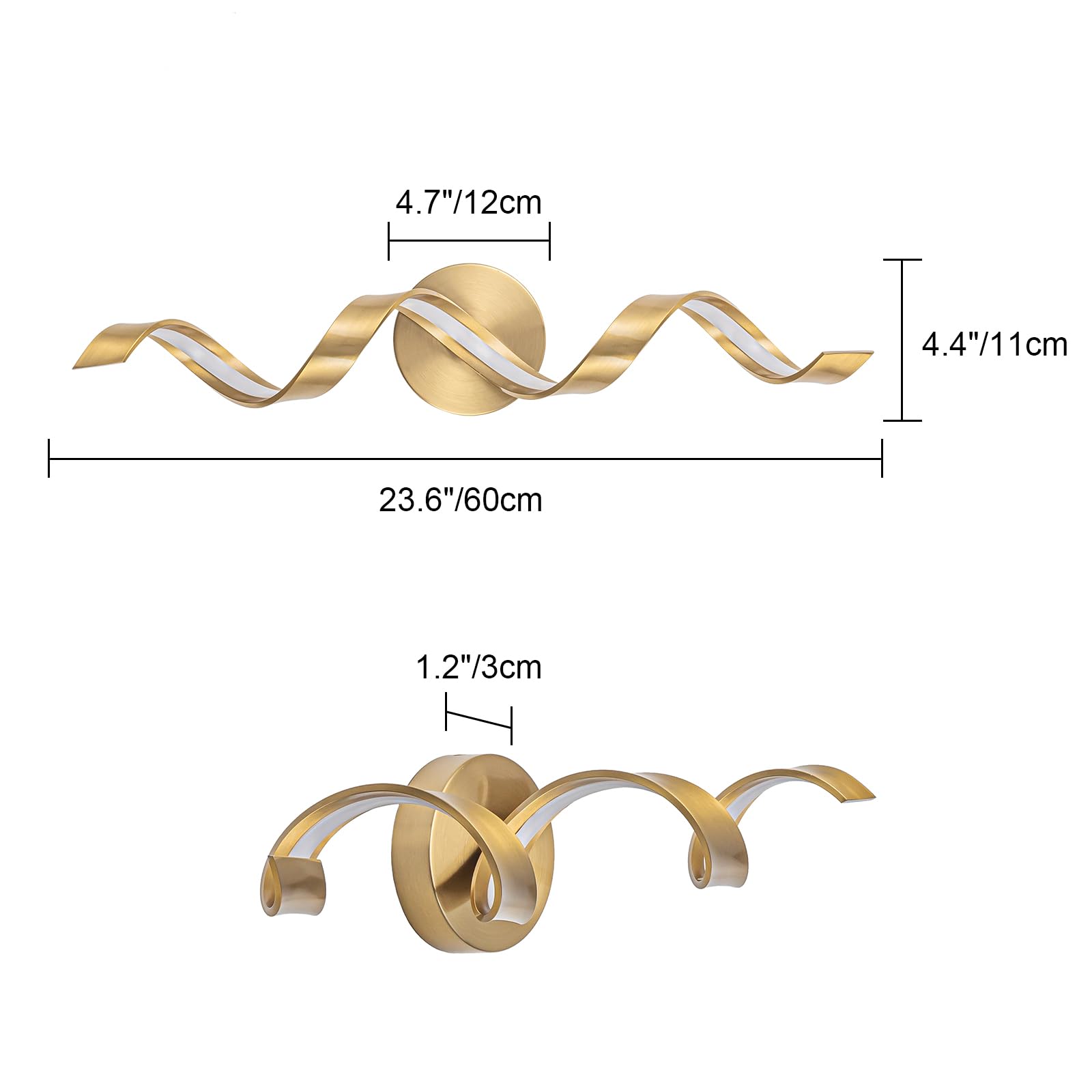 Huoku 24" Dimmable Gold Led Bathroom Light, Modern Spiral Vanity Fixture, 15W Warm Light