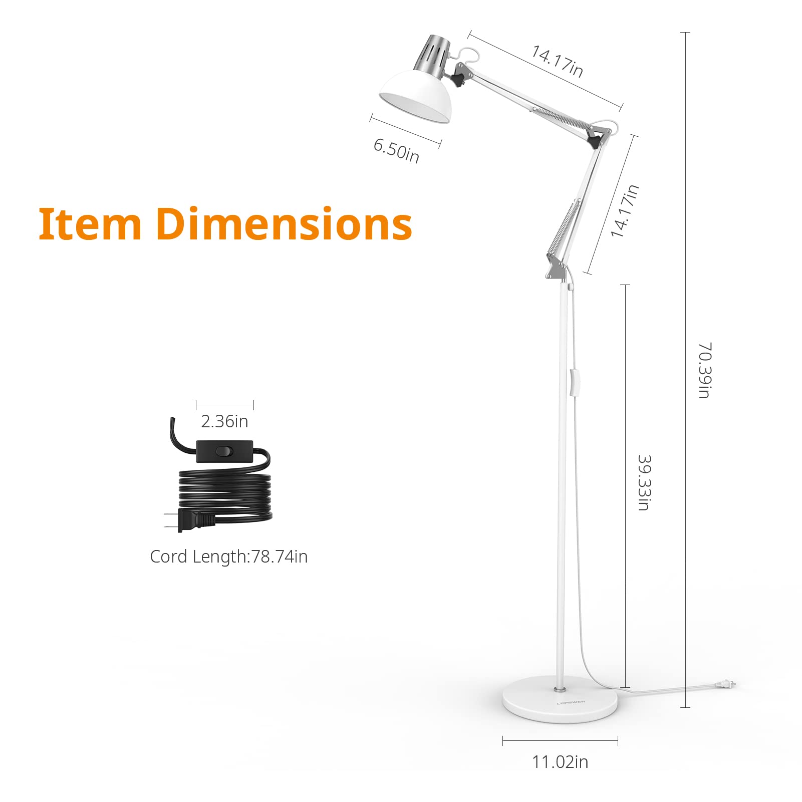 Lepower Floor Lamp, Swing Arm Floor Standing Lamp, Industrial Floor Lamp With Heavy Metal Base, E26 Lamp Base Floor Light, Moder