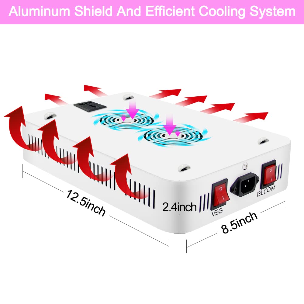 NAILGIRLS 600W LED Grow Light for Indoor Plants, Full Spectrum, Aluminum, White, Model 3F600, with Daisy Chain & Temperature Hygrometer