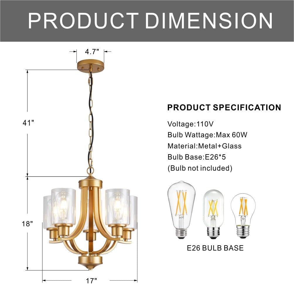 TELAFLY 5-Light Gold Chandelier, Modern Rustic Pendant Light Fixture for Dining Room, Kitchen, Living Room, Bedroom