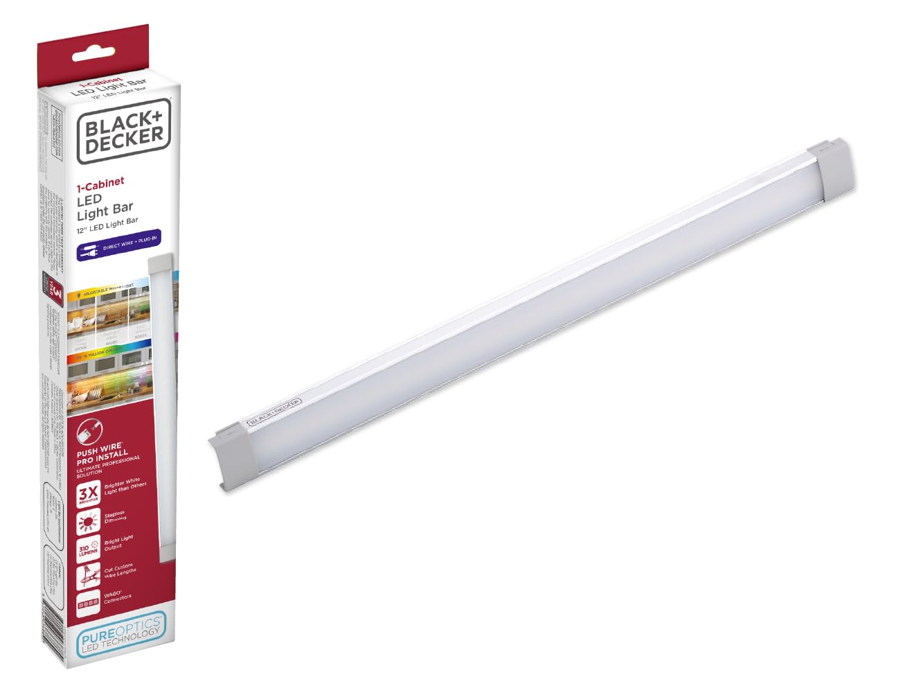 BLACK+DECKER PureOptics Professional Push Wire Under Cabinet Light Bar, Add-on, Plug-in or Hardwire Compatible, Adjustable White