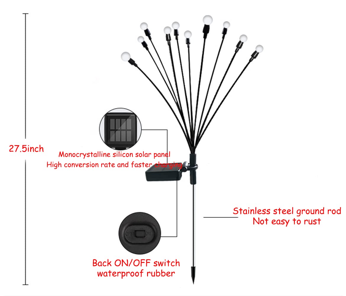 Jurasnow 2Pcs 10 Head Solar Powered Firefly Lights, 10 Led Outdoor Waterproof Solar Starburst Swaying Garden Lights, Swaying Whe