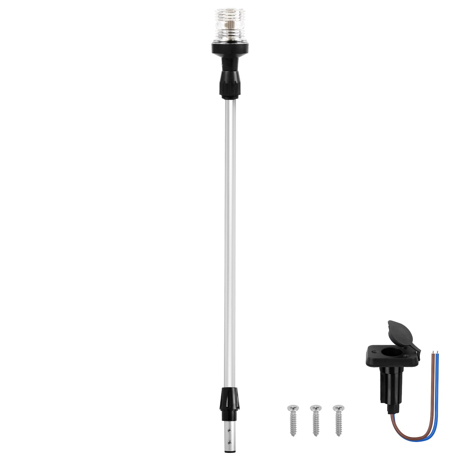 Obcursco Boat Stern Lights, 27in-48in Telescoping LED Anchor Light, 12V 360° Navigation, Silver, Model OS004-001-035S