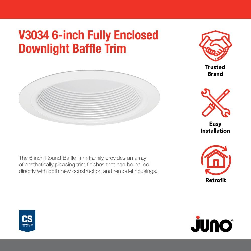 Juno Lighting V3034 Wwh Vulite Round Full Baffle Trim, White, 6-Inch