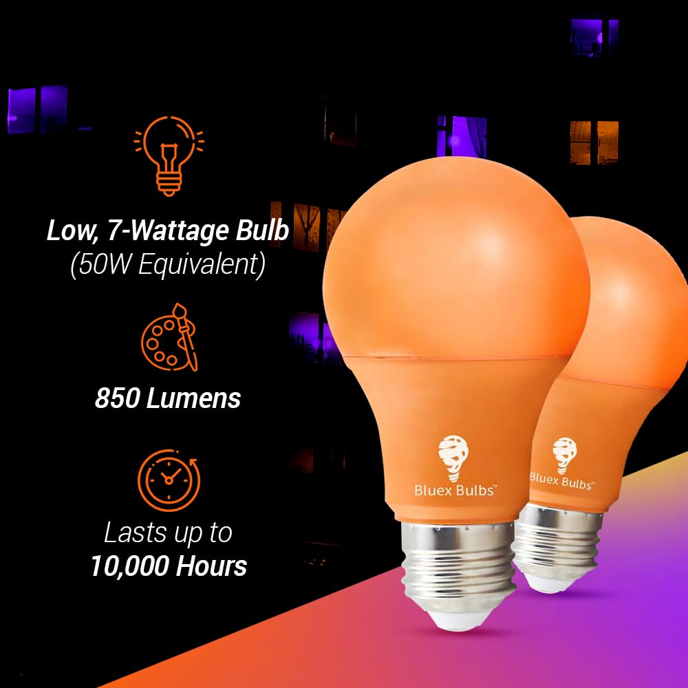 Bluex Bulbs 2 Pack Bluex Led A19 Orange Light Bulb - 7W (50Watt Equivalent) - E26 Base Led Orange Bulb, Party Decoration, Porch, Home Lighting, Holiday Lighting, Decorative Illumination (Orange)