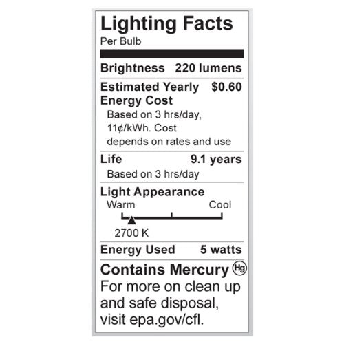 Satco S7311 5-Watt Candelabra Base Torpedo, 2700K, 120V, Equivalent To 25-Watt Incandescent Lamp, Soft White