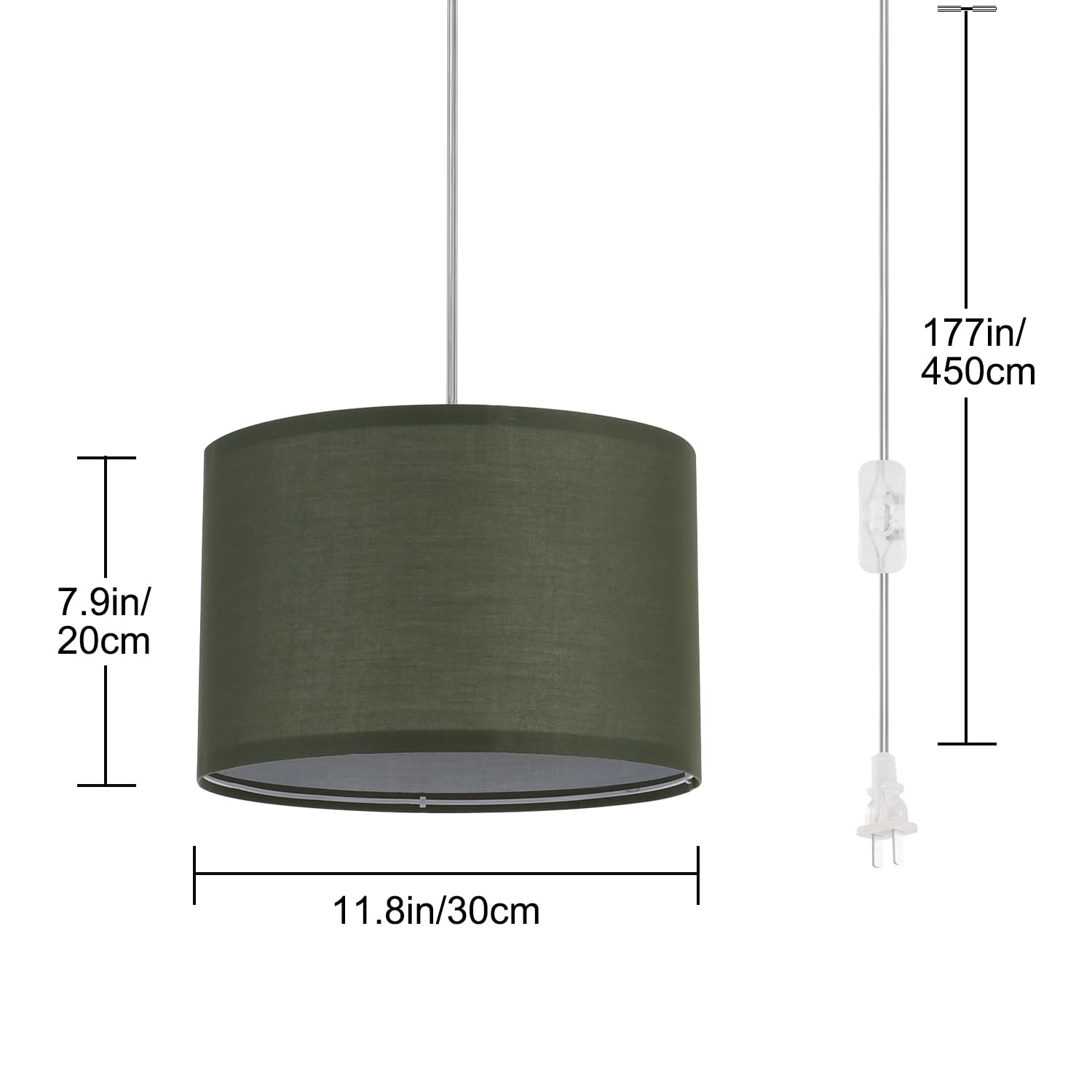 IHENGYANLT Plug-in Pendant Light, Metal Shade, 15Ft Cord, On/Off Switch, Light Green, Model P450