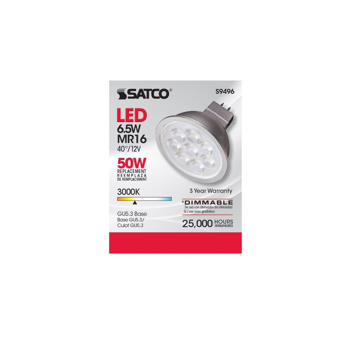 Satco Lighting S9496-6.5 Watt Dimmable Mr16 Low Voltage Led Light Bulbs - 3000K - 40 Degree Beam Angle - Gu5.3 Base - 12 Volt Ac