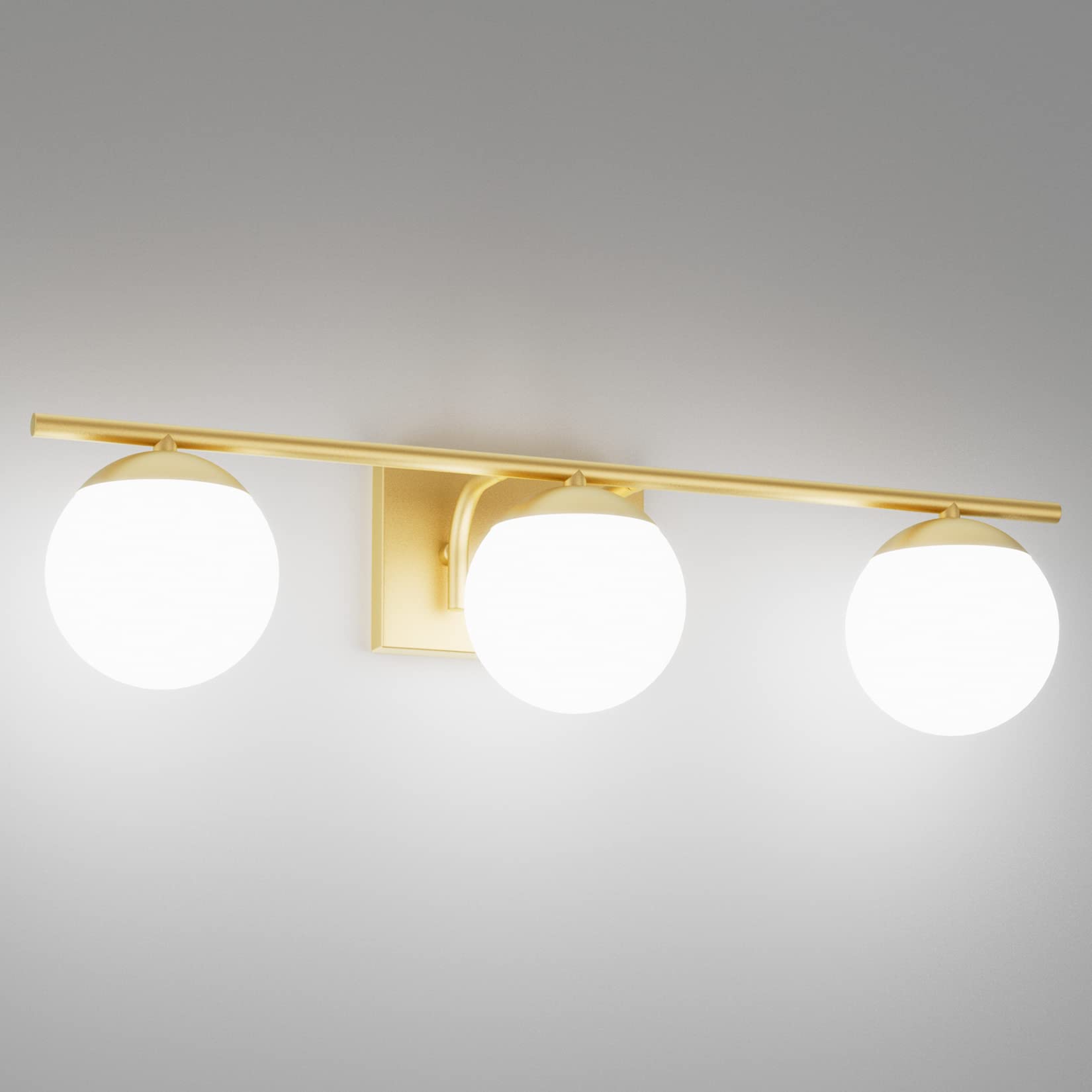 Ralbay Gold Vanity Lights - 3-Light Mid Century Modern Wall Lights, Metal, Milky Glass Globe, Model 1167, A-Gold