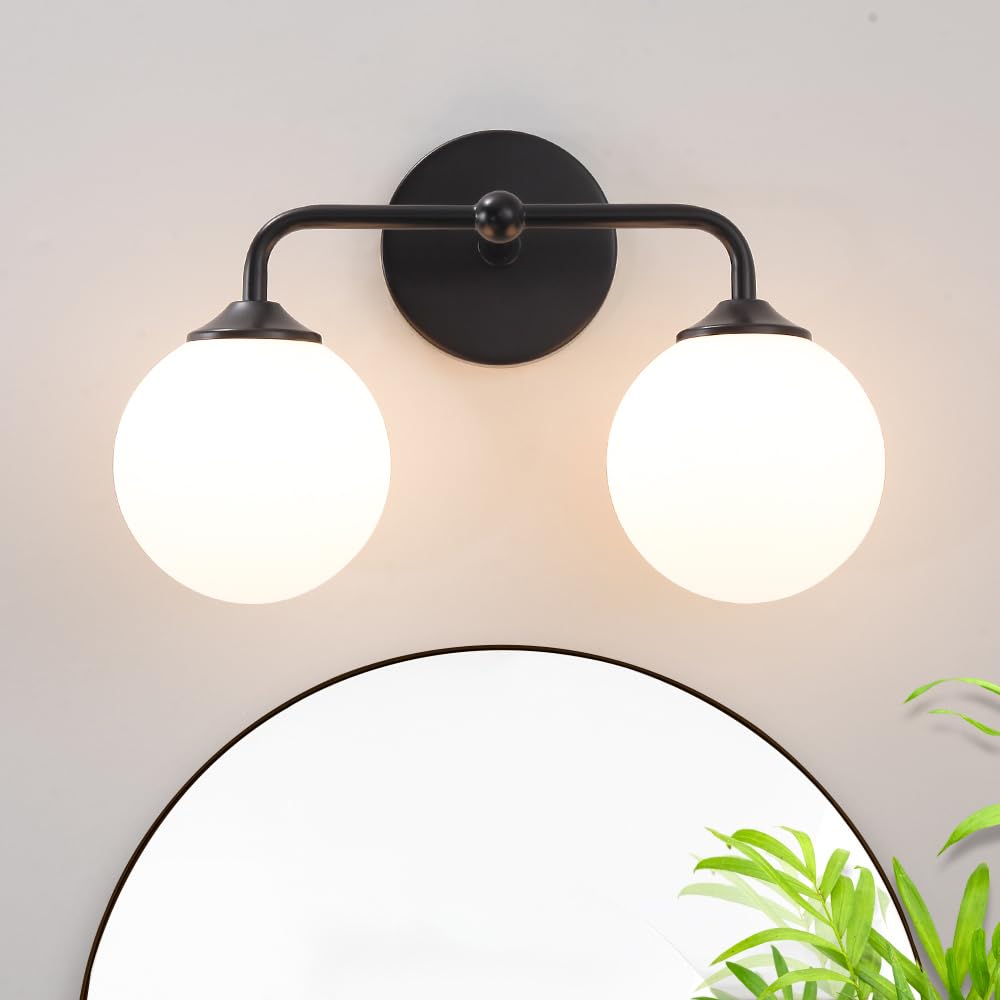 Industrial Matte Black 2-Lights Bathroom Light Fixtures  Vanity Wall Sconce Lighting With Milky White Glass Shade  Modern Bathroom Vanity Lighting  Wall Sconces Over Mirror Dressing Table Bedroom