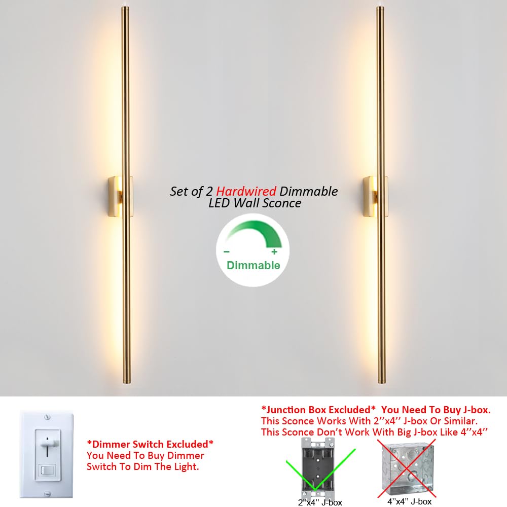 Reddragon Lighting Set Of 2 Modern Linear Led Wall Light Hardwired Dimmable 48 Inch Slim Tube Waterproof Vanity Wall Sconce For Living Room Corridor Bathroom (2 Pack, 48'', Gold, Dimmable)