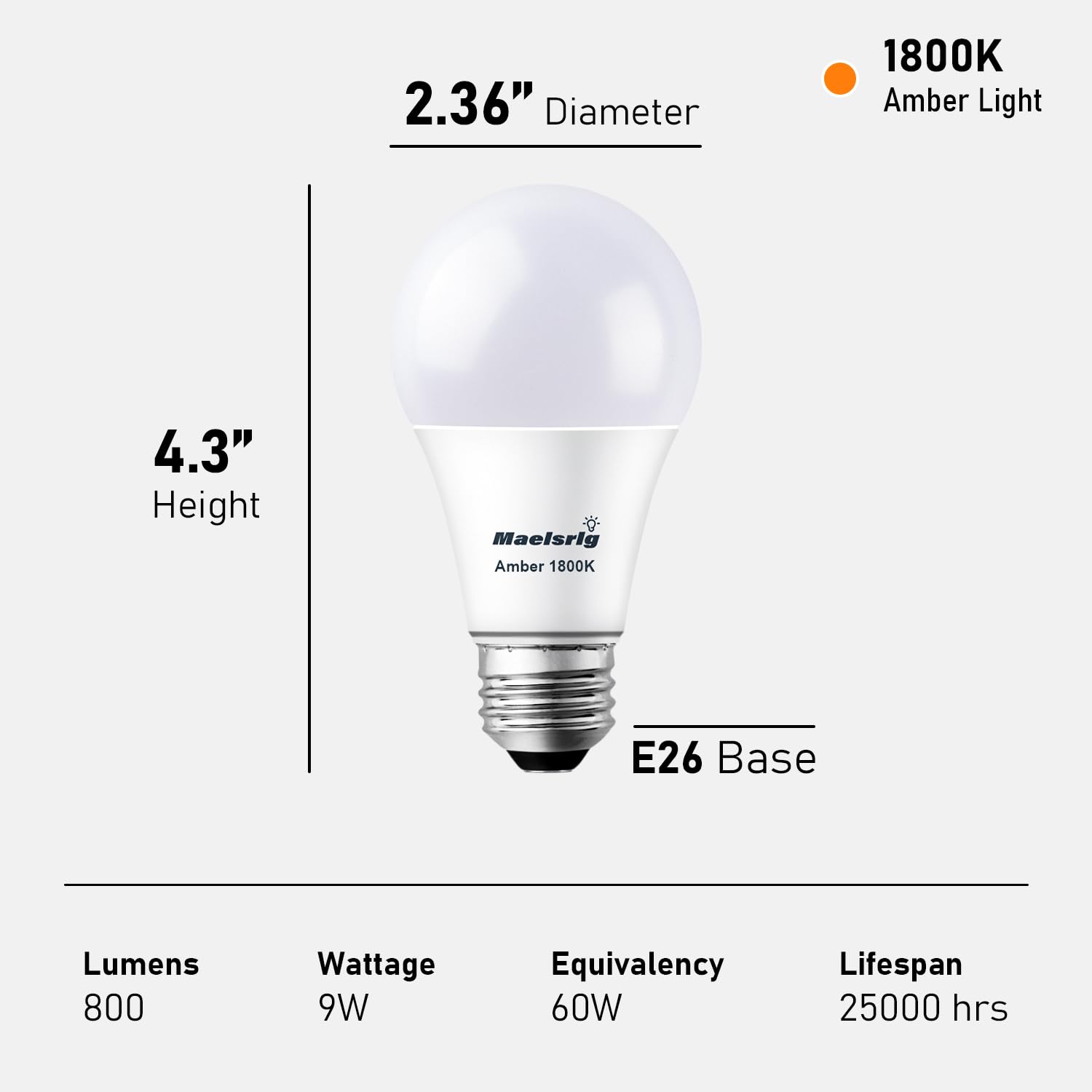 Maelsrlg A19 Warm Sleep Light Bulb, 9W(60W Equivalent), 1800K Amber, Dimmable, E26 Base, Soft Yellow Light Bulbs, 800 Lumen, 120