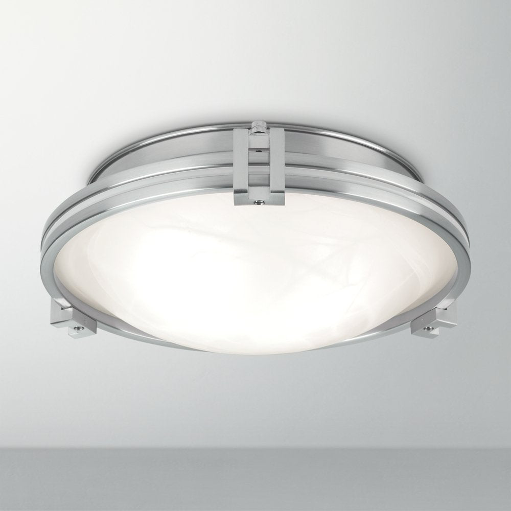 Possini Euro Design Flush Mount Light, 12 3/4in Wide, Brushed Nickel with Marbleized Glass Bowl Shade, Model 18609