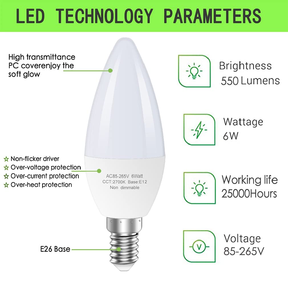 Led Candelabra Bulb E12, 60W Equivalent, 2700K Warm White, Non-Dimmable, 12