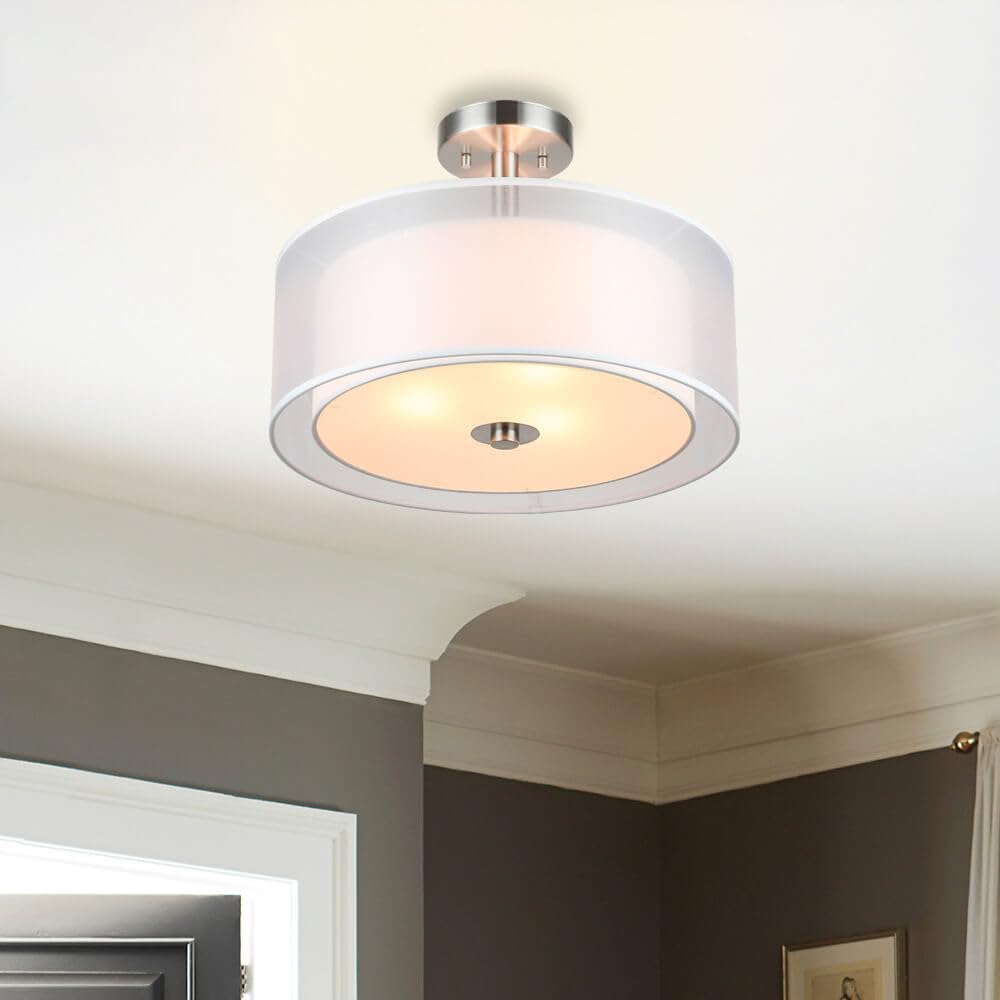 Xinbei Lighting Semi Flush Mount Ceiling Light, 3 Light Close To Ceiling Light With Fabric Shade, 16'' Drum Semi Flush Ceiling L