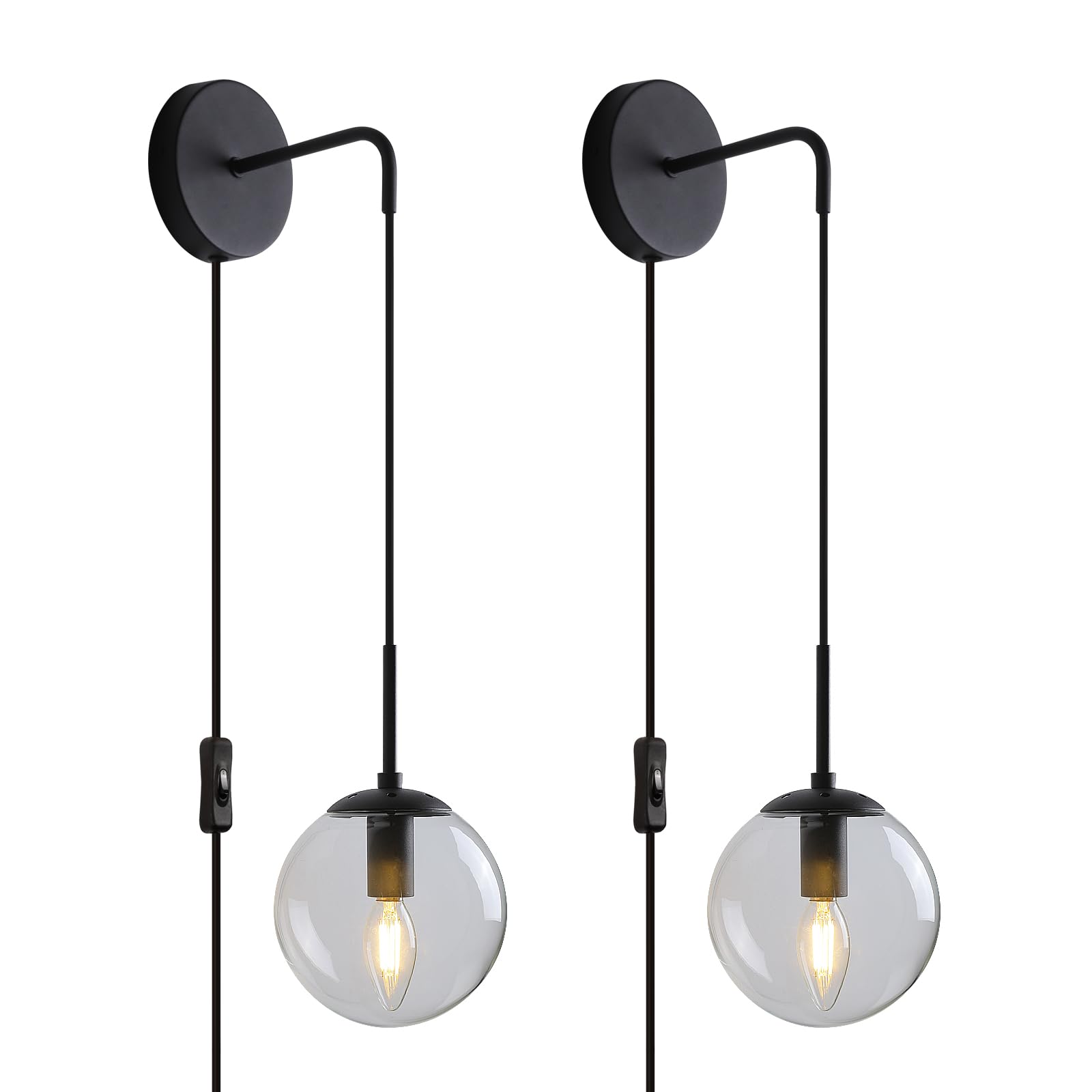 Kuzzull Wall Sconces Set Of Two Black Plug In Wall Sconces Set Of 2 With Globe Clear Glass Shade Wall Lights Wall Lamps For Bedr