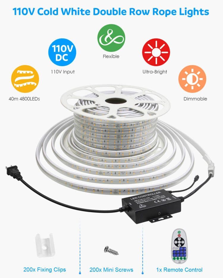 Aclorol LED Rope Light Waterproof 40M Double Row Cold White Dimmable with Remote Control for Outdoor AC110V-120V