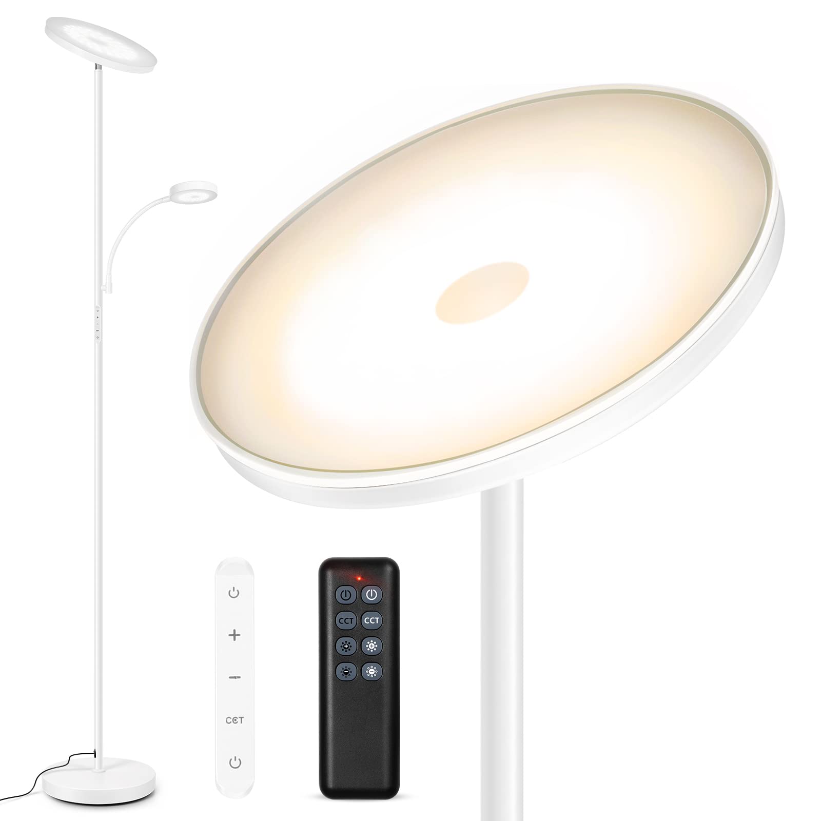 OUTON LED Floor Lamp, 27W/2400LM Torchiere & 7W Reading Light, Dimmable, Remote Control, Pearl White