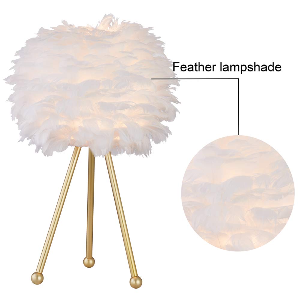 Maxax Feather Table Lamps Set Of 2 For Bedroom, 19'' Tall Tripod Bedside Table Lamps, Nightstand Lamp With Gold Finish For Bedro