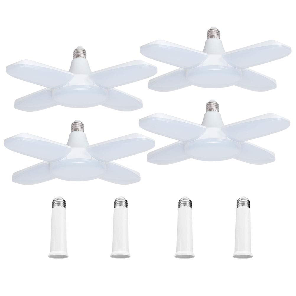 4 Pack Led Garage Lights, 6000 Lumens Garage Celling Light, 60W E26 Led Shop Lights With 4 Foldable Panels, 6000K Daylight Deformable Lamp For Garage, Basement, Warehouse, Workshop