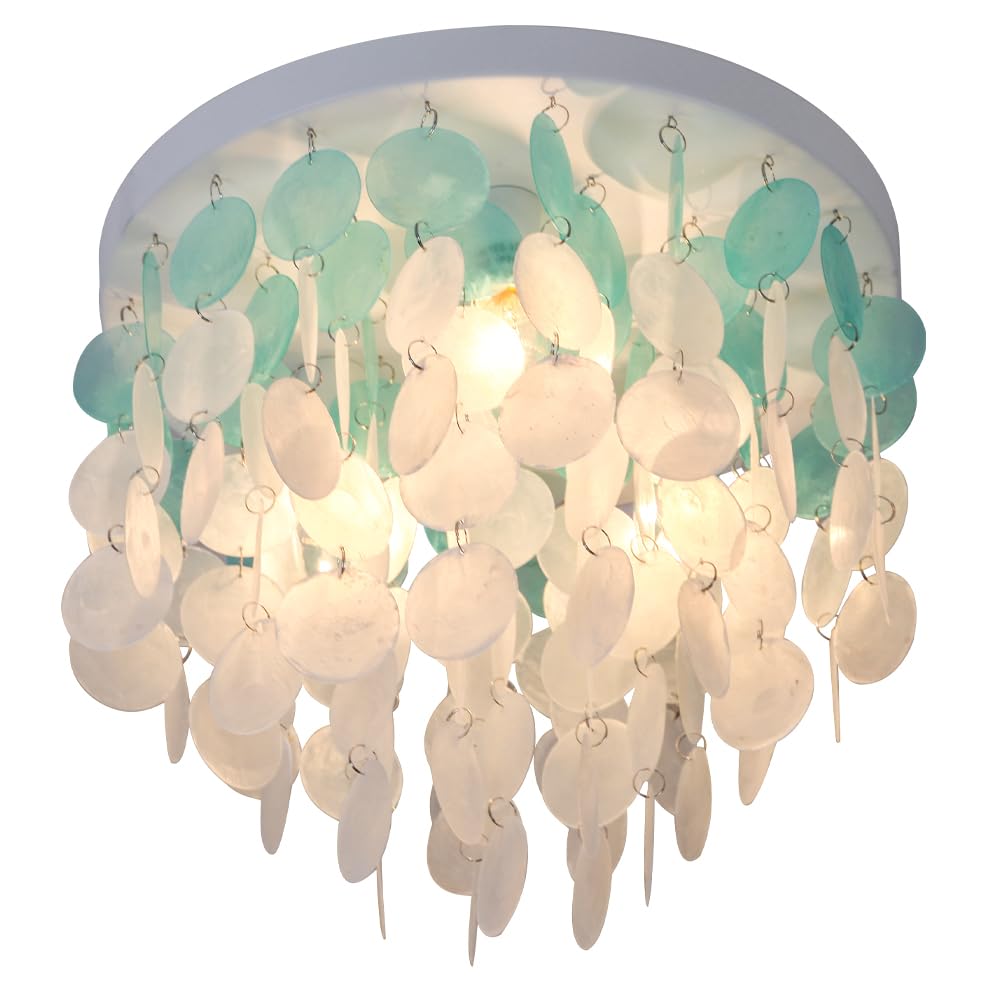 JC TOPA 13.8 Capiz Shell Ceiling Light Fixtures 3 Lights Boho Shells Flush Mount Light for Bedroom  Kitchen Island  Bathroom  Entryway  Hallway  White and Blue