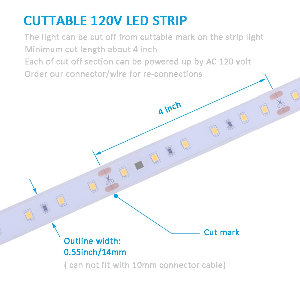 120V Dimmable Led Strip Lights 4200K Daylight, Work With Smart Plug,110V Dimming By Wall Dimmer, No Driver Need, Waterproof Ip65