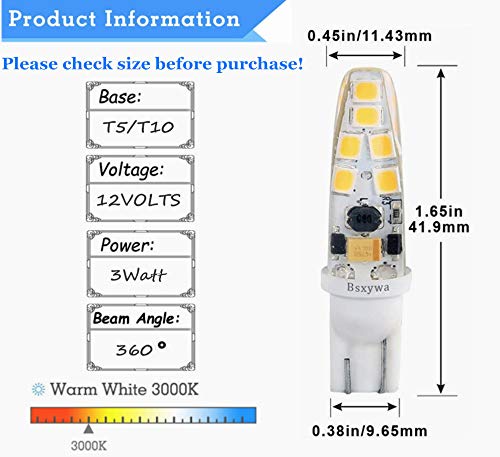 Bsxywa T5 T10 921 194 Wedge Base Landscape 12Volt Led Waterproof Light Bulb, 25W Equivalent 3Watt, Warm White 2700K-3000K For Ou